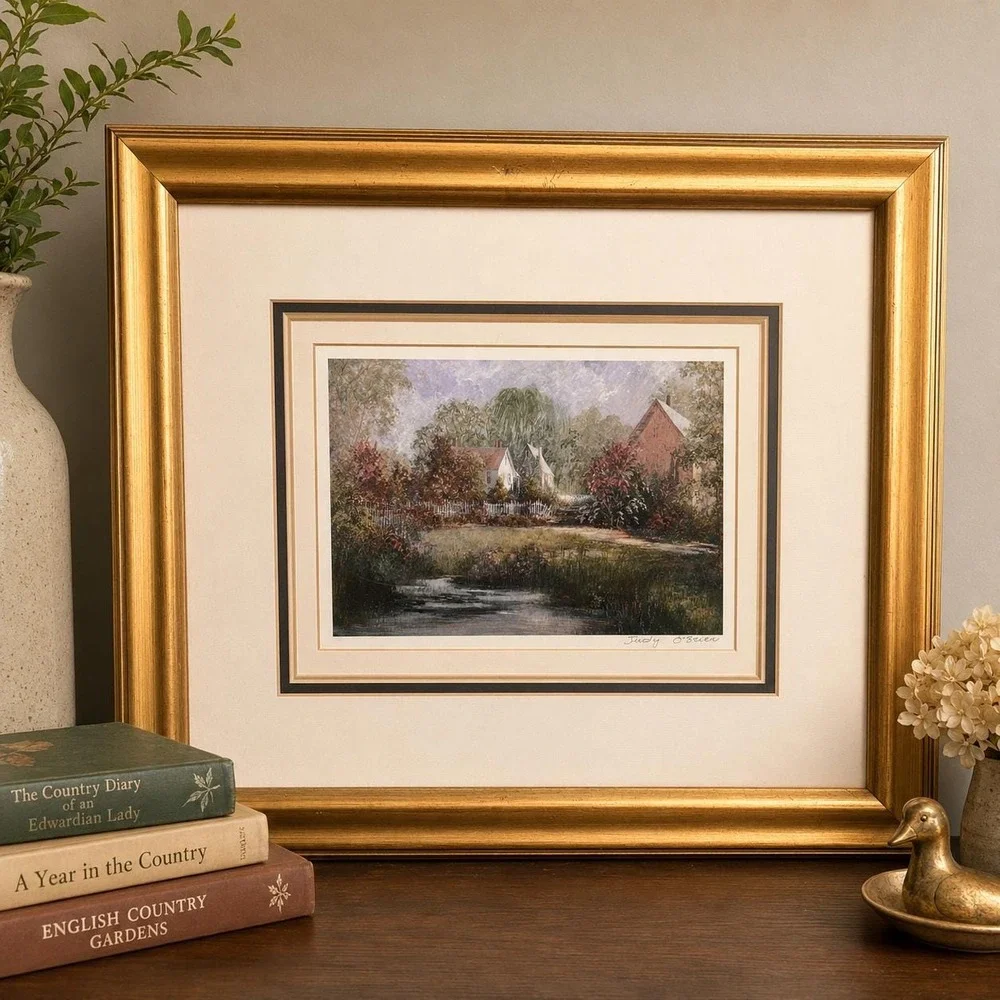 Vintage Judy O'Brien Signed Framed Print Country Cottage Landscape Gold Frame